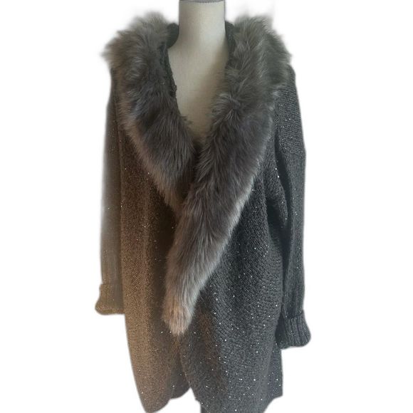 Jennifer Lopez sweater coat heavy knit faux fur collar sequins good cond. LG - Picture 1 of 6